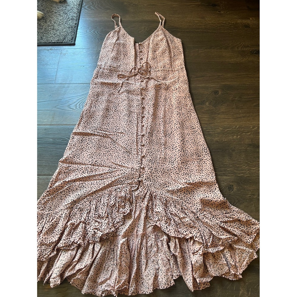 Rails Frida Rose Spotted Maxi Dress Pink Cheetah Print Button Front Ruffle XS